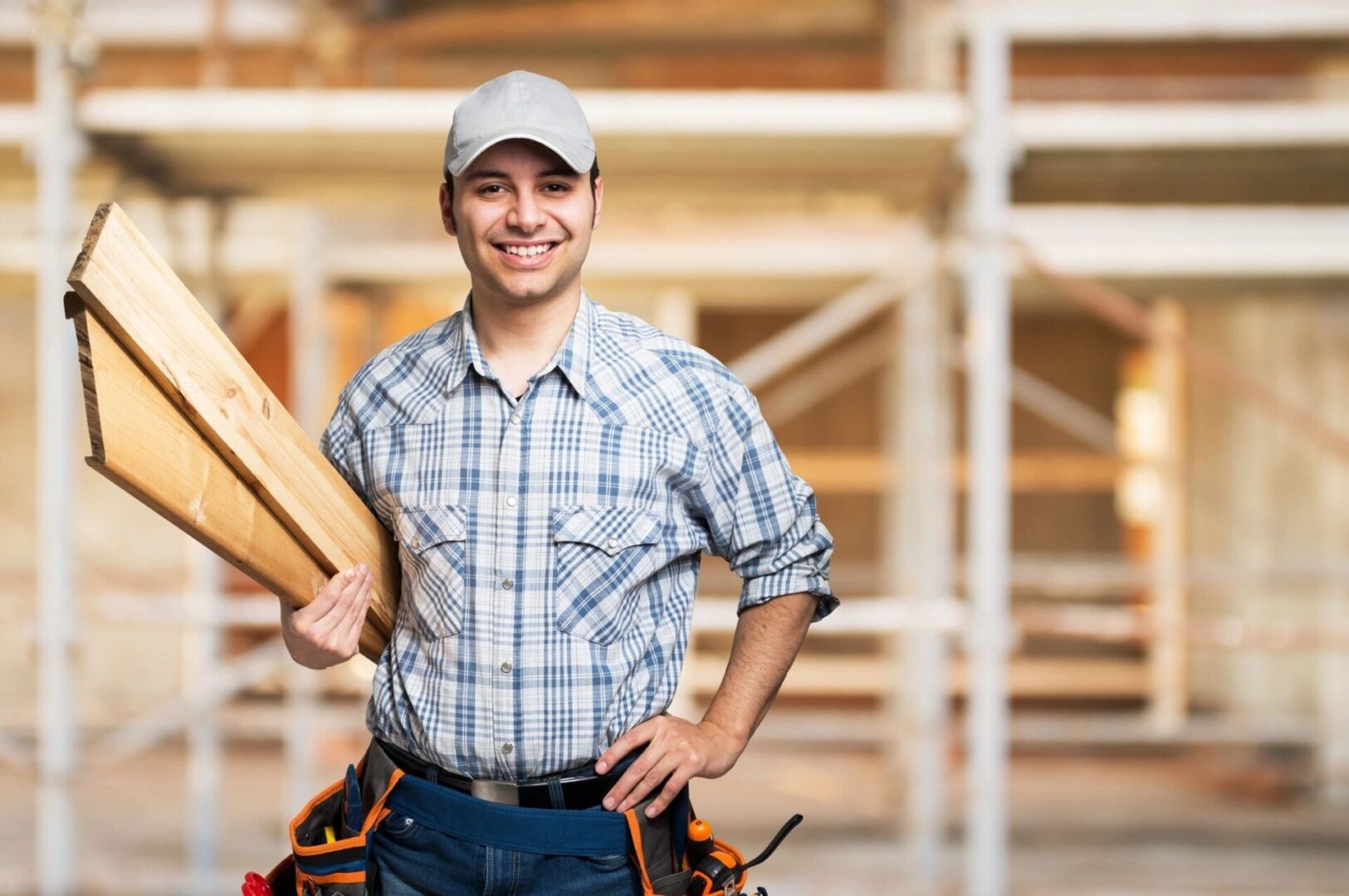 A man holding a wooden board in his hand.